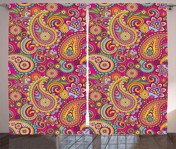 Cortinas de decoración Paisley, cortinas de ventana de patrones auténticos elegantes basados en el dormitorio de la sala de estar asiática tradicional