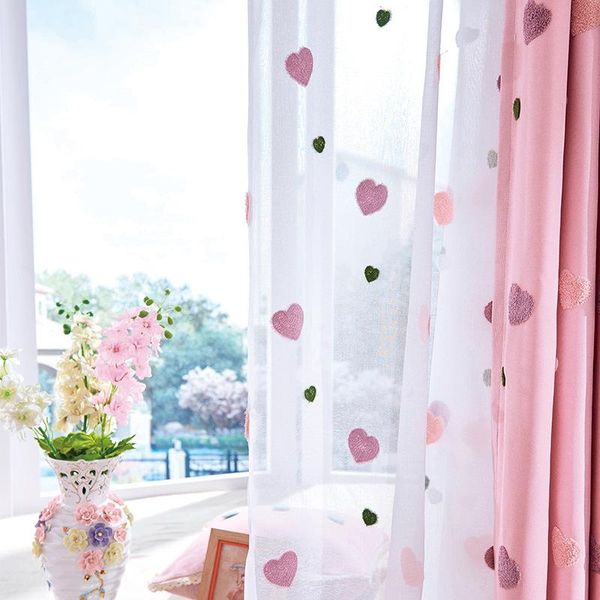 Cortinas opacas de dibujos animados rosas para bebés, niñas, niños, dormitorio, bordado 3D, amor, corazón, ventana, sala de estar, cortina de tul blanca