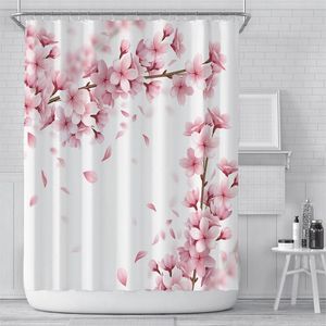 Rideaux de douche roses, fleurs de pêche, fond blanc, salle de bain pour fille, écran en Polyester imperméable