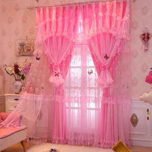 Rideau Tentures Romantique Rose Violet Dentelle Rideaux Pour Salon Princesse Enfants Chambre Fenêtre 50% Blackout Mariage Décor Tulle 2pcCurtain