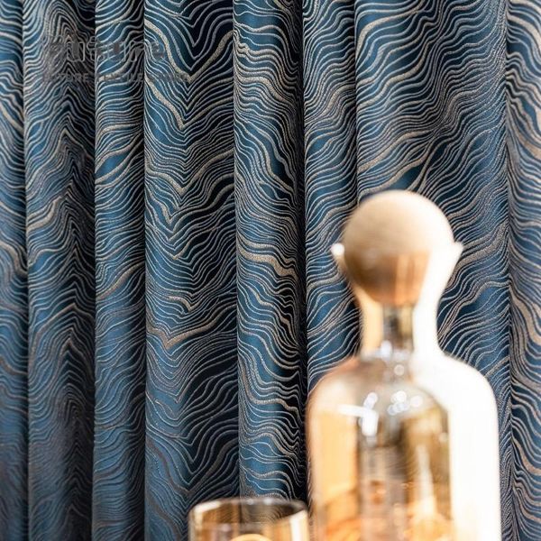 Cortinas con textura de hilo dorado, patrón de onda, cortinas de tela Jacquard americanas modernas de alta calidad para sala de estar, comedor y dormitorio