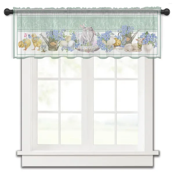 Cortina de flores de Pascua y pollo, cenefa de ventana pequeña, cortinas de gasa cortas transparentes para decoración del hogar para dormitorio