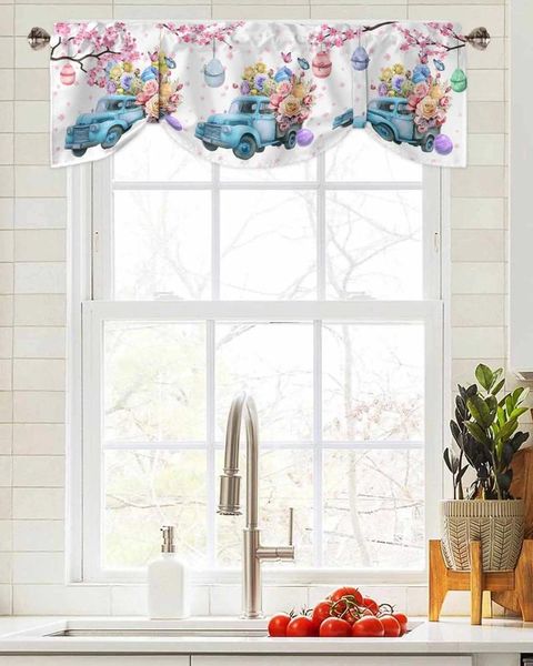 Cortina huevos de Pascua flor camión ventana corta cenefa ajustable para sala de estar cortinas de cocina