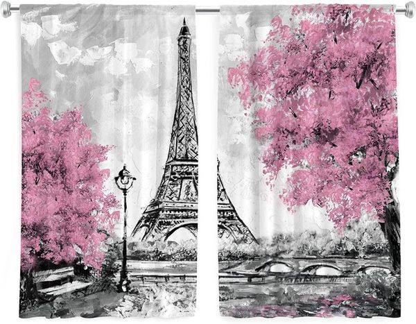 Cortina Torre Eiffel Cortinas de cocina Pintura al óleo Árboles Francia Ciudad Paisaje Arte europeo Diseño de impresión Café Ventana pequeña Cortinas 2