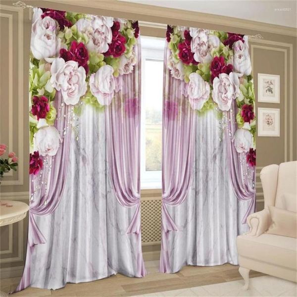 Cortina elegante primavera boda flor rosa roja moderna 2 piezas ventana delgada para sala de estar dormitorio decoración del hogar