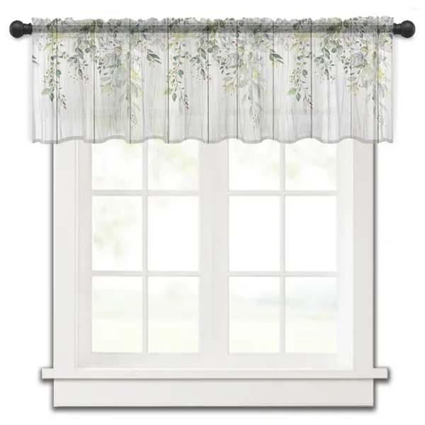 Cortina de hojas de eucalipto, plantas, flores, grano de madera verde, cortinas de cocina, tul transparente, corto, decoración del hogar para sala de estar, cortinas de gasa