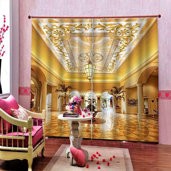 Cortina con patrón dorado europeo, cortinas opacas 3D con estampado Po para sala de estar, dormitorio, juegos de decoración, 2 paneles con ganchos