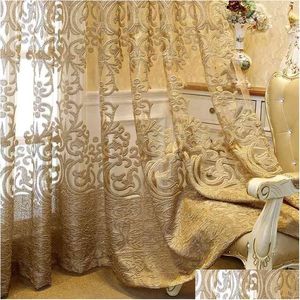 Rideau européen de luxe doré foncé brodé Tle Jacquard Sheer Panneau pour salon Roomroom Royal Home Decor Zh4314 210903 Drop Deliv Dhxpj