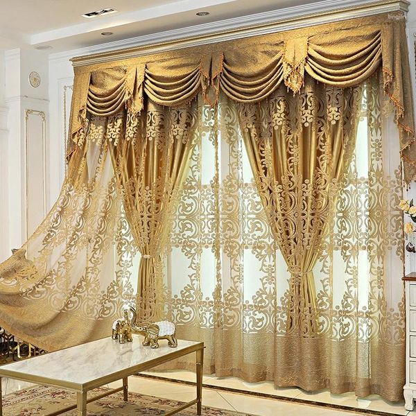 Rideau européen luxe en dentelle dorée écran de fenêtre creux villa rideaux dorés pour la salle à manger vivante chambre en tulle calivre personnalisée