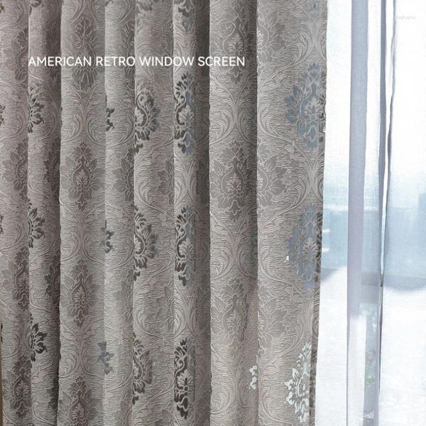 Rideau européen luxe gris creux seersucker tulle marron clair vintage jacquard rideaux de fil pour la salle à manger vivante chambre coutume