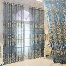 Cortina europea de lujo, cortinas transparentes para dormitorio, Jacquard Floral azul, puerta de Patio romántica, paneles de gasa, cortinas para ventana