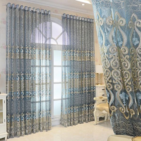 Rideau Européen De Luxe Sheer Rideaux Pour Chambre Bleu Floral Jacquard Romantique Patio Porte Voile Panneaux Fenêtre Draperie