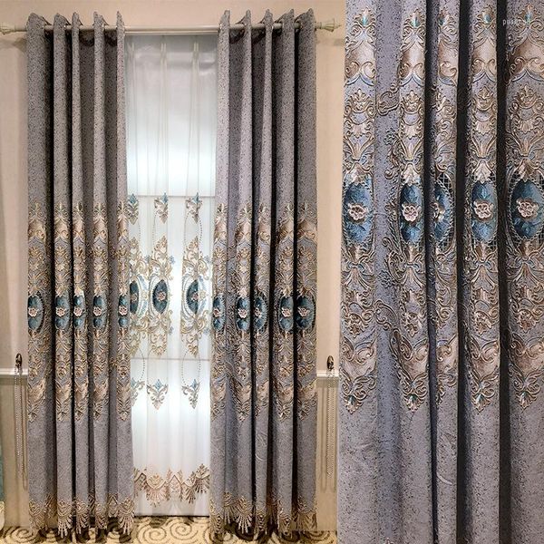 Cortina de tela de chenilla de estilo europeo, parche bordado para ventana, cortinas para dormitorio, sala de estar, sombreado alto, azul y gris