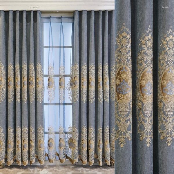 Cortina estilo europeo cortinas para salón comedor dormitorio personalizado lujo bordado gris Chenille puerta ventana Decoración