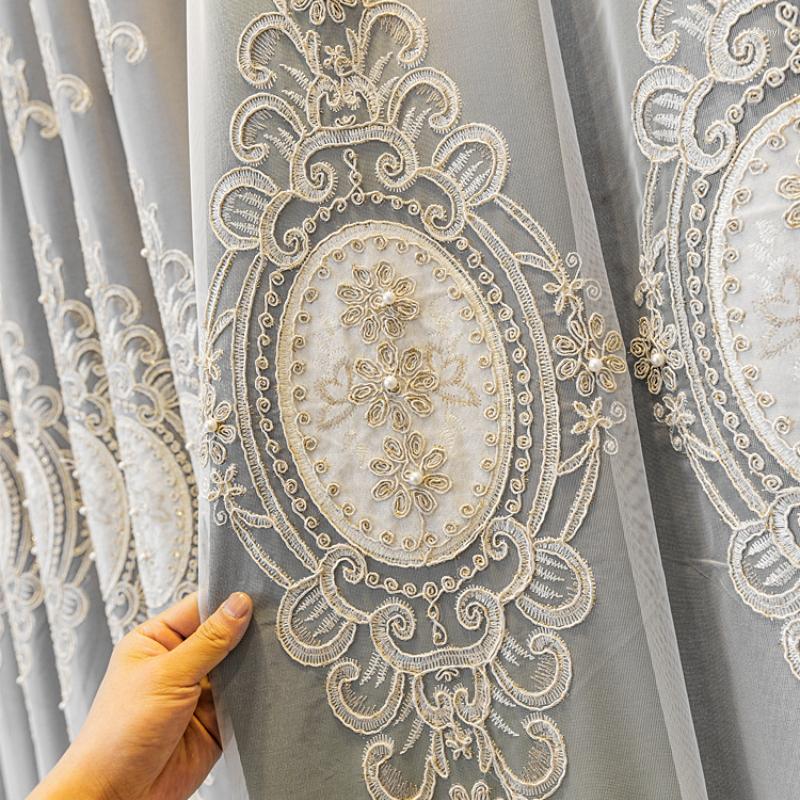 Curtain European-style Double-layer Cotton And Linen Living Room Bedroom Luxury Solid Color Lace Beaded Velvet Embroidery Curtains