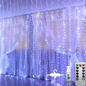Cortina de luces de hadas 300 LED Control remoto 8 modos de iluminación Luz de cadena alimentada por USB para dormitorio, ventana, vacaciones, Navidad, decoración de fiestas, blanco cálido