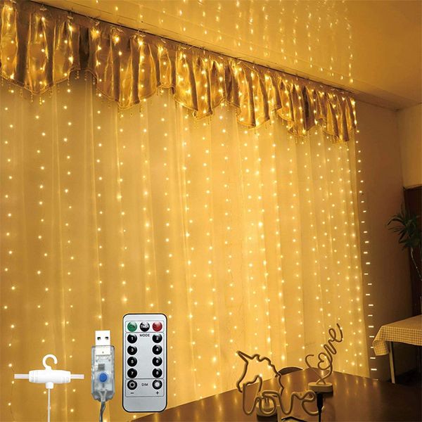 Rideau Guirlande Lumineuse 3m x 3m 300LED Télécommande 8 Modes d'éclairage Alimenté par USB Guirlande Lumineuse pour Intérieur Chambre, Vacances, Décoration de Fête, fenêtre, mariage