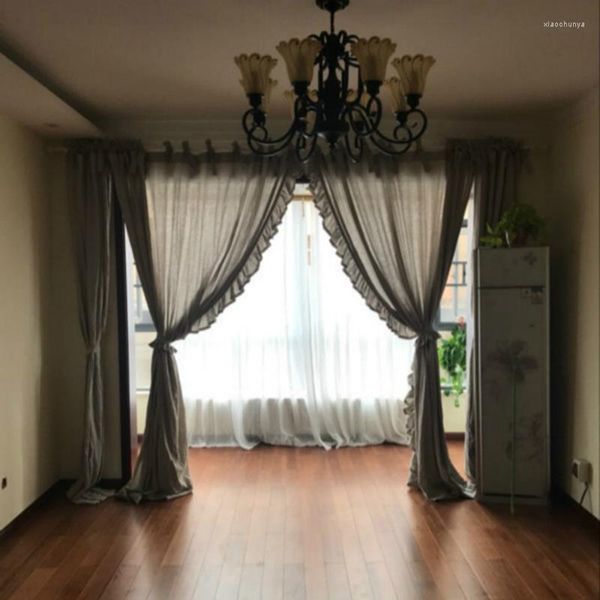 Cortina de lino para casa de campo, cortinas transparentes con borde de volantes, filtrado de luz, tratamientos de ventana, privacidad, decoración Bohemia para dormitorio, sala de estar, TJ8203