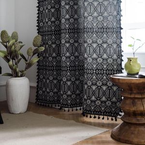 Gordijn mode jacquard geometrische gordijnen Boheemse zwarte witte raambehandelingen met kwastje voor woonkamer slaapkamer Noordse cortinas