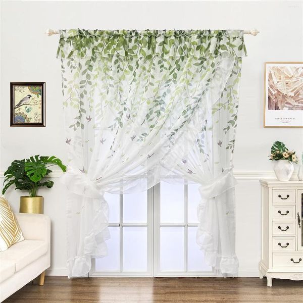 Rideau Floral Oiseau Sheer Rideaux Pour Chambre Cuisine Double Couche Porte Faux Lin Vintage À Volants Transparent Voile Drapé 2PCS / Set