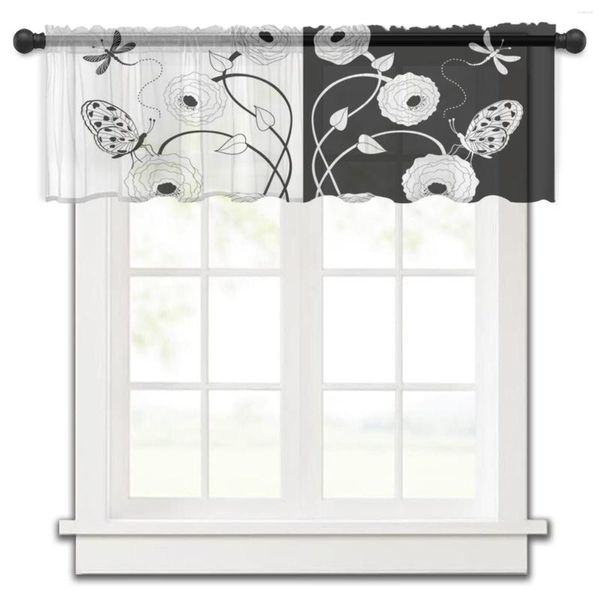 Cortina flor mariposa libélula cocina ventana pequeña tul transparente corto dormitorio sala de estar decoración del hogar cortinas de gasa