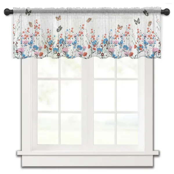 Cortina de flores, mariposas, Retro, girasol, orquídea, ventana pequeña, cenefa transparente corta para dormitorio, decoración del hogar, cortinas de gasa