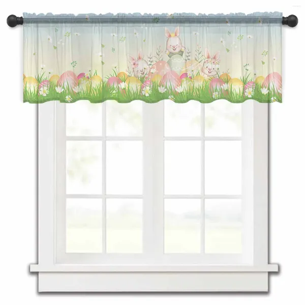 Cortina flor huevo hierba dibujos animados Pascua ventana pequeña tul transparente corto sala de estar decoración del hogar cortinas de gasa