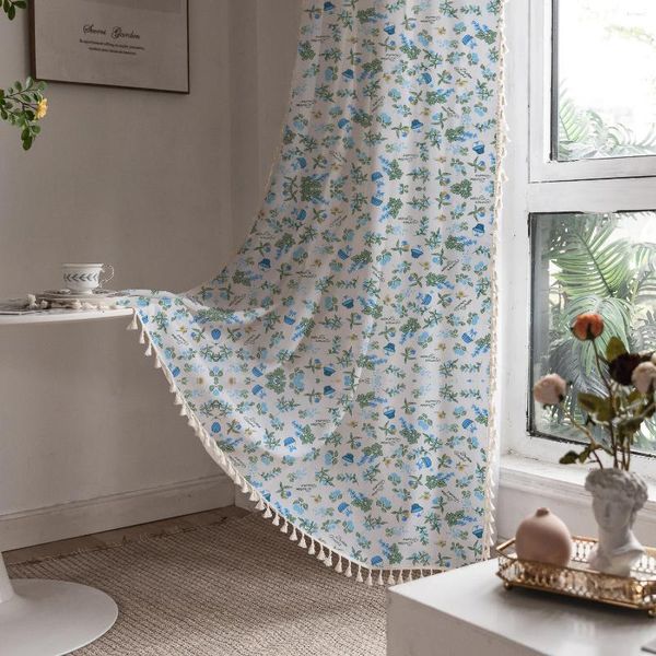 Cortina de algodón con estampado de flores, cortinas para dormitorio y sala de estar, estilo Pastoral americano, ventana, blanco, azul, verde