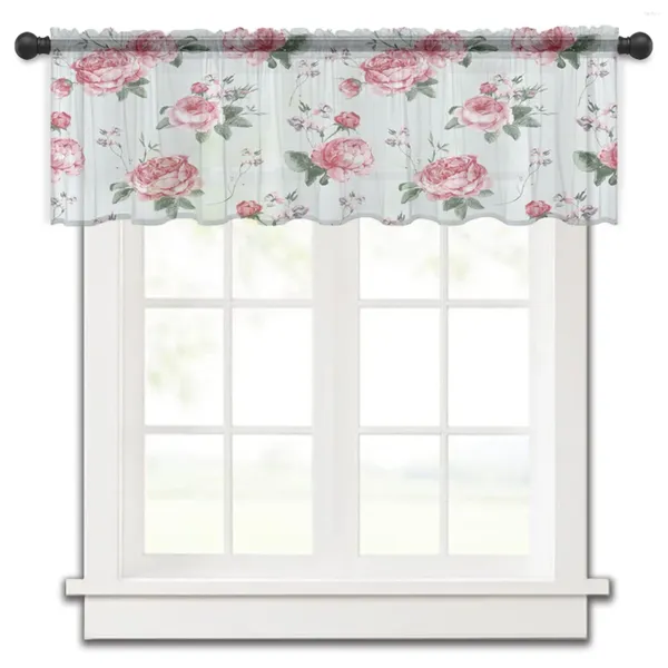 Cortina de tul transparente con flores, color rosa, acuarela, para ventana, cocina, dormitorio, decoración del hogar, pequeñas cortinas de gasa