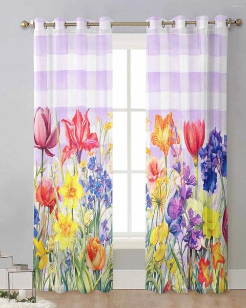 Rideau de fleur aquarelle de printemps papillon tulipe lavande tulle rideaux salon rideaux de fenêtre transparente cuisine moderne voile