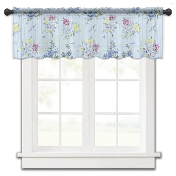 Cortina de flores, pájaros, follaje, pétalos, cocina, ventana pequeña, tul transparente, corto, dormitorio, sala de estar, decoración del hogar, cortinas de gasa