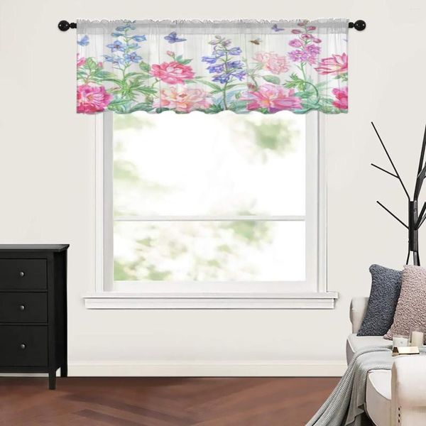 Rideau Fleurs Roses Et Papillons Voilages Courts Pour Salon Chambre Cuisine Tulle Fenêtre Traitements