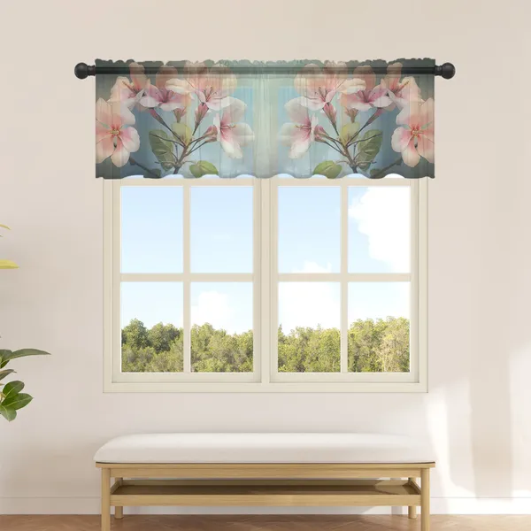 Cortina de flores, hojas de acuarela, cortinas transparentes para cocina, cafetería, cenefa de ventana de tul medio corta, decoración del hogar