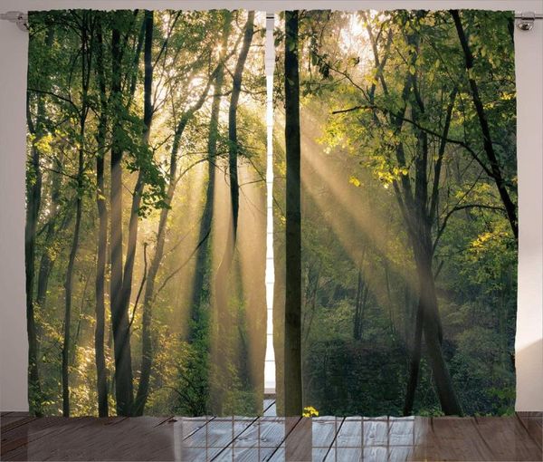 Cortinas de bosque, rayos de sol de la mañana a través de árboles, campo de verano, vista panorámica, sala de estar, dormitorio, cortinas de ventana, verde y Beige