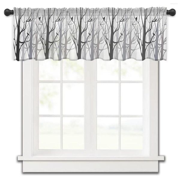 Cortina silueta de bosque pájaro cocina ventana pequeña tul transparente corto dormitorio sala de estar decoración del hogar cortinas de gasa