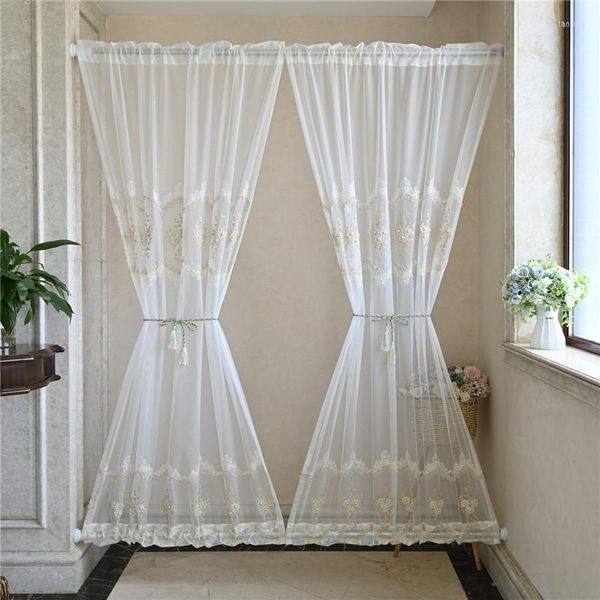 Rideau Porte Française Tulle Rod Pocket Corde Perles Brodées Fenêtre En Verre Panneau Transparent Style Européen Salon Chambre