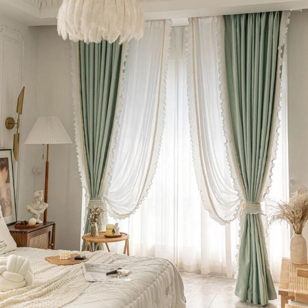 Rideau français dentelle soie coton salon chambre baie vitrée balcon occultant perle fille vert rideaux décoratifs