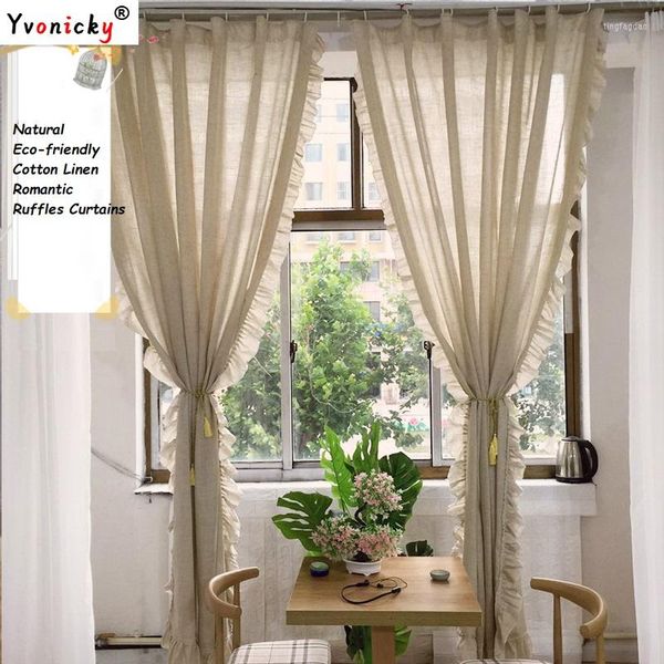 Cortina Pastoral francesa de lino Blackout Cortinas para sala de estar Dormitorio Cortinas de ventana de color lino romántico con volantes de encaje