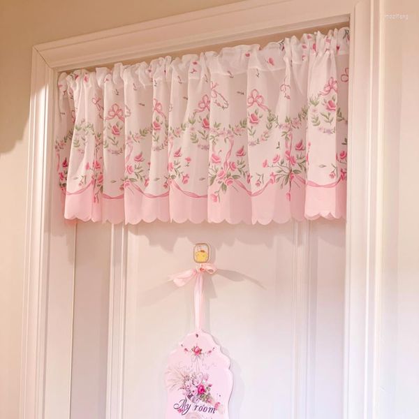 Cortina francesa Retro lazo corto Floral rosa gasa sala de estar dormitorio puerta mitad hermosa cocina decorativa