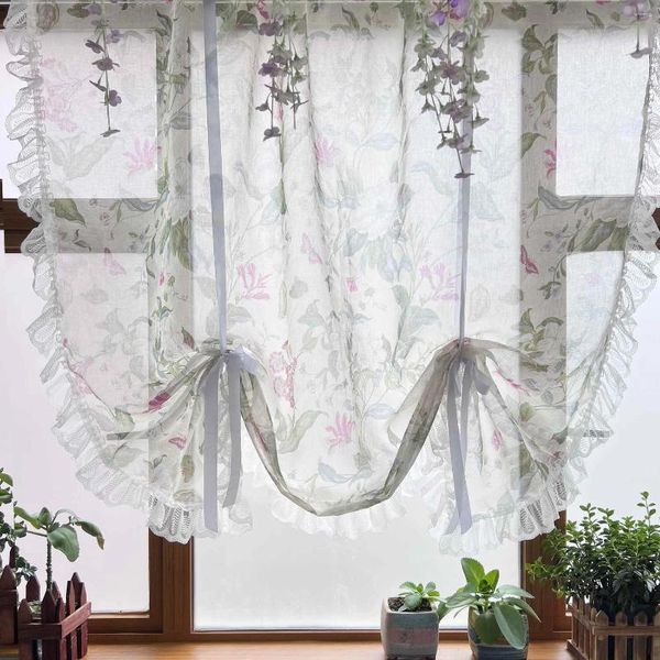 Cortina francesa romántica de encaje de flores rosas, bordado transparente corto para ventana de cocina, cortinas de globos con lazo de altura ajustable