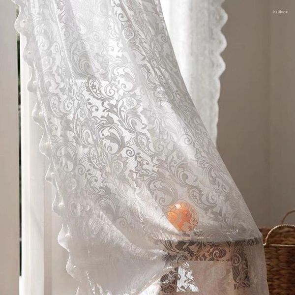 Rideau français romantique blanc Jacquard, rideaux de fenêtre transparents pour salon, luxe européen, dentelle perlée, Tulle Semi-transparent