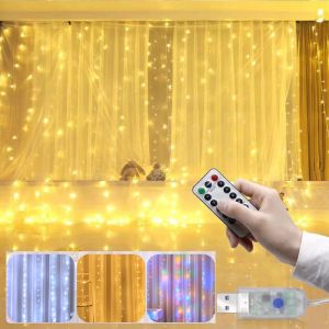 Guirlande de rideau Led guirlande lumineuse Festival décoration de noël 8 Modes Usb télécommande vacances fée lumières pour chambre maison