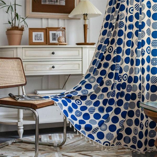 Cortinas geométricas semiopacas para ventanas, adornos bohemios de lino y algodón con puntos azules para comedor, sala de estar y dormitorio