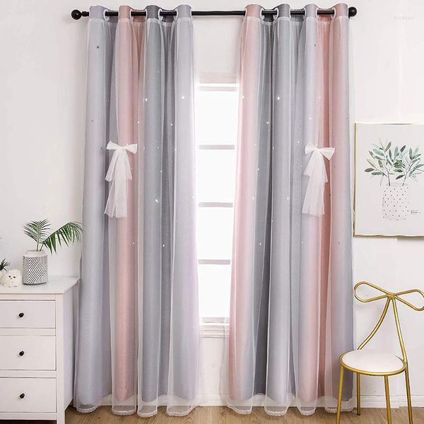 Cortina niñas dormitorio raya gradiente cortinas opacas para sala de estar ventana tratamiento moderno encaje hueco estrellas conjunto rosa gris
