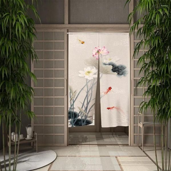 Cortina de pez dorado para puerta de piscina, cortinas con pintura de tinta de loto, para dormitorio, sala de estar, cocina, media cortina japonesa Noren