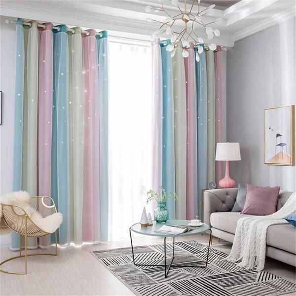 Rideau Dégradé Rideaux Pour Salon Enfants Filles Chambre Décoration Type D'anneau Sans Poinçon Gaze Évider Étoiles Plein Parasol