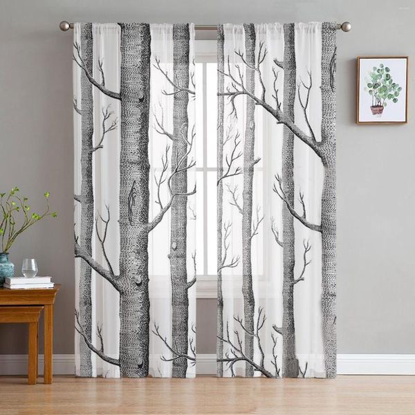 Rideau gris blanc Branches d'arbre voilages pour salon moderne Voile chambre Tulle fenêtre rideaux décor