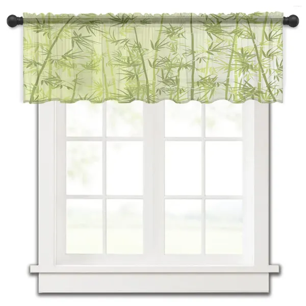 Cortina verde bosque de bambú, cortinas cortas transparentes de tul para ventana, para cocina, dormitorio, decoración del hogar, pequeñas cortinas de gasa