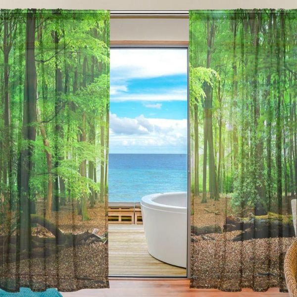 Rideau vert forêt Tulle rideaux Europe du nord Style chambre fenêtres Voile paysage naturel aveugle criblage voilage