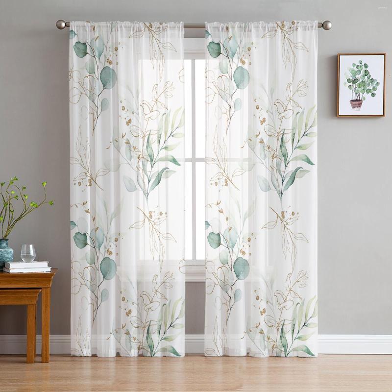Curtain Green Leaf Eucalyptus Plant Tulle Voile Curtains For Bedroom Window Living Room Sheer Blinds Organza Drapes